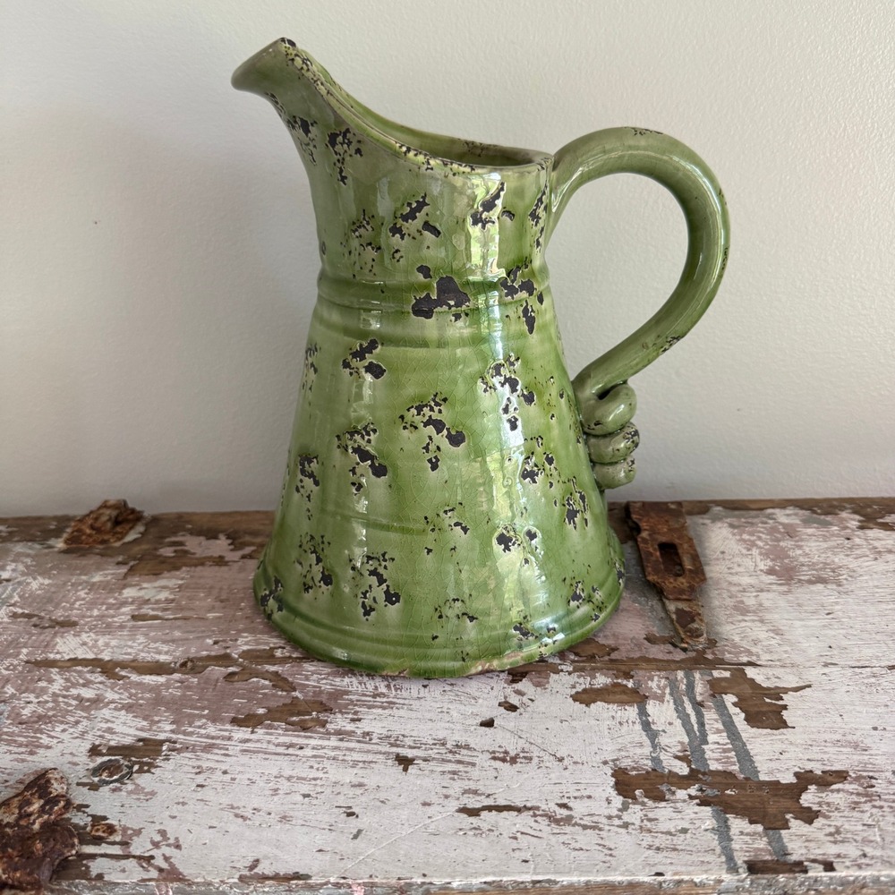 Distressed Green Crackle Glaze Ceramic Pitcher Rustic Farmhouse Decor Primitive